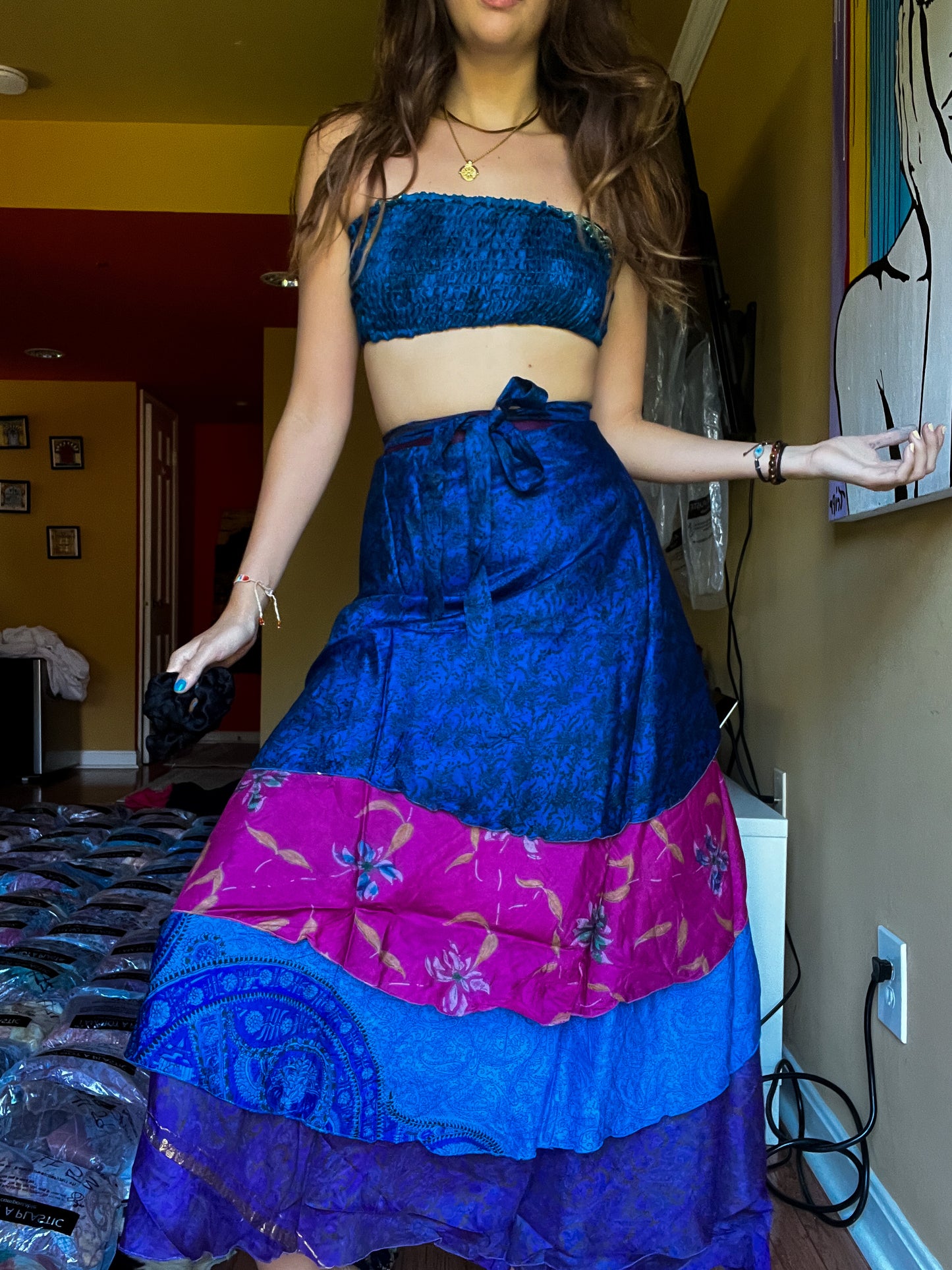 sari wrap skirt #131- blue, purple, pink