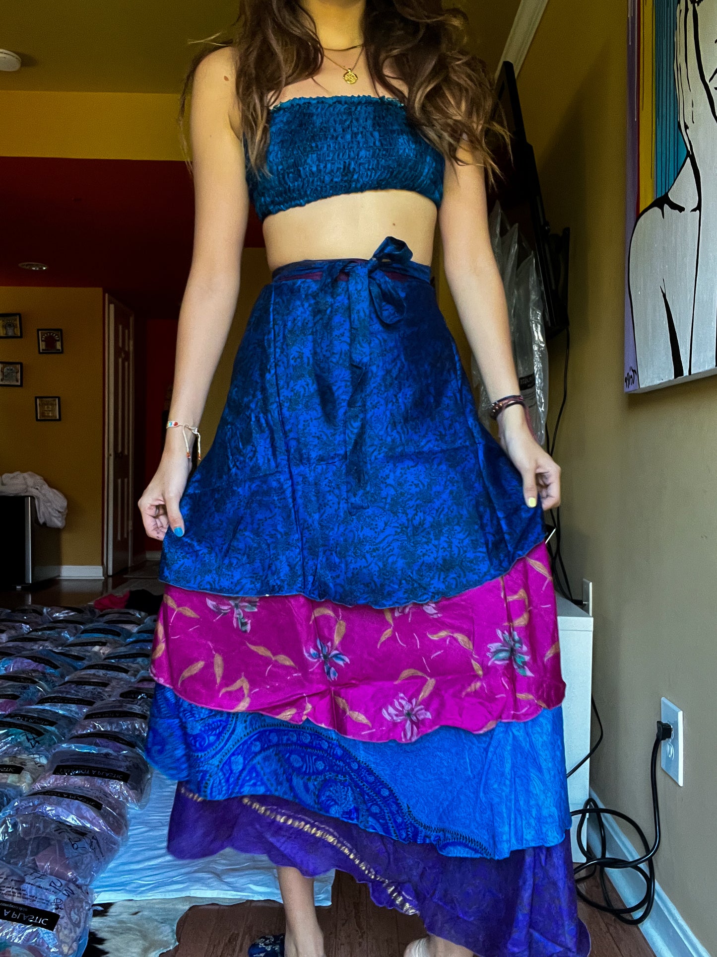 sari wrap skirt #131- blue, purple, pink