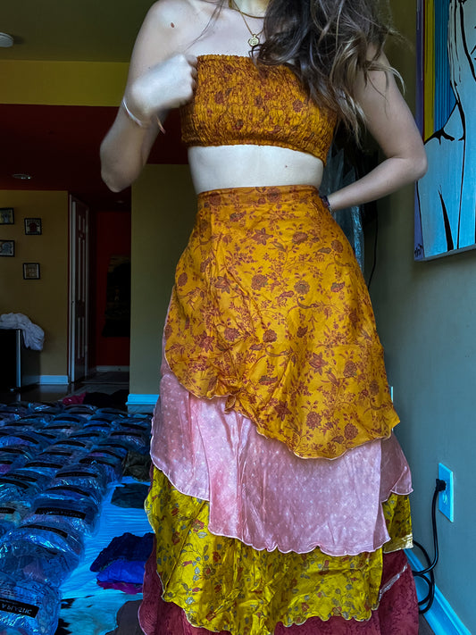 sari wrap skirt #132- yellow, brown, red