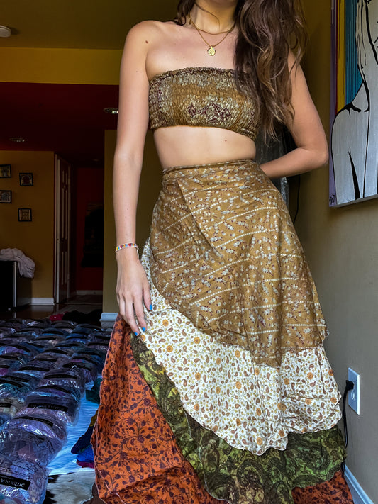sari wrap skirt #133- Green, creme, brown