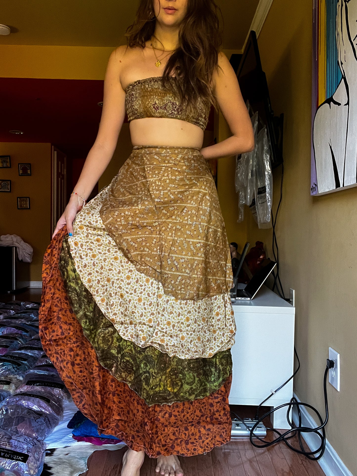 sari wrap skirt #133- Green, creme, brown