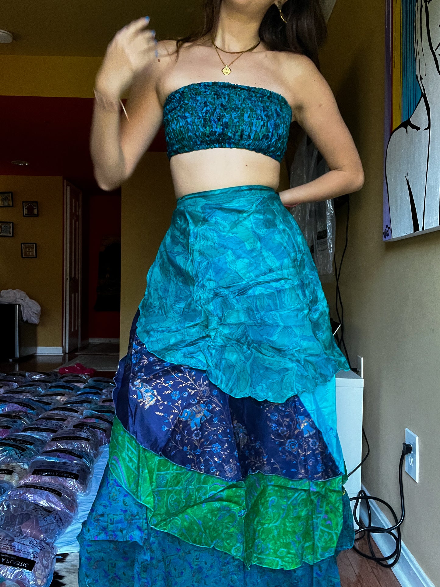 sari wrap skirt #135- Green, blue