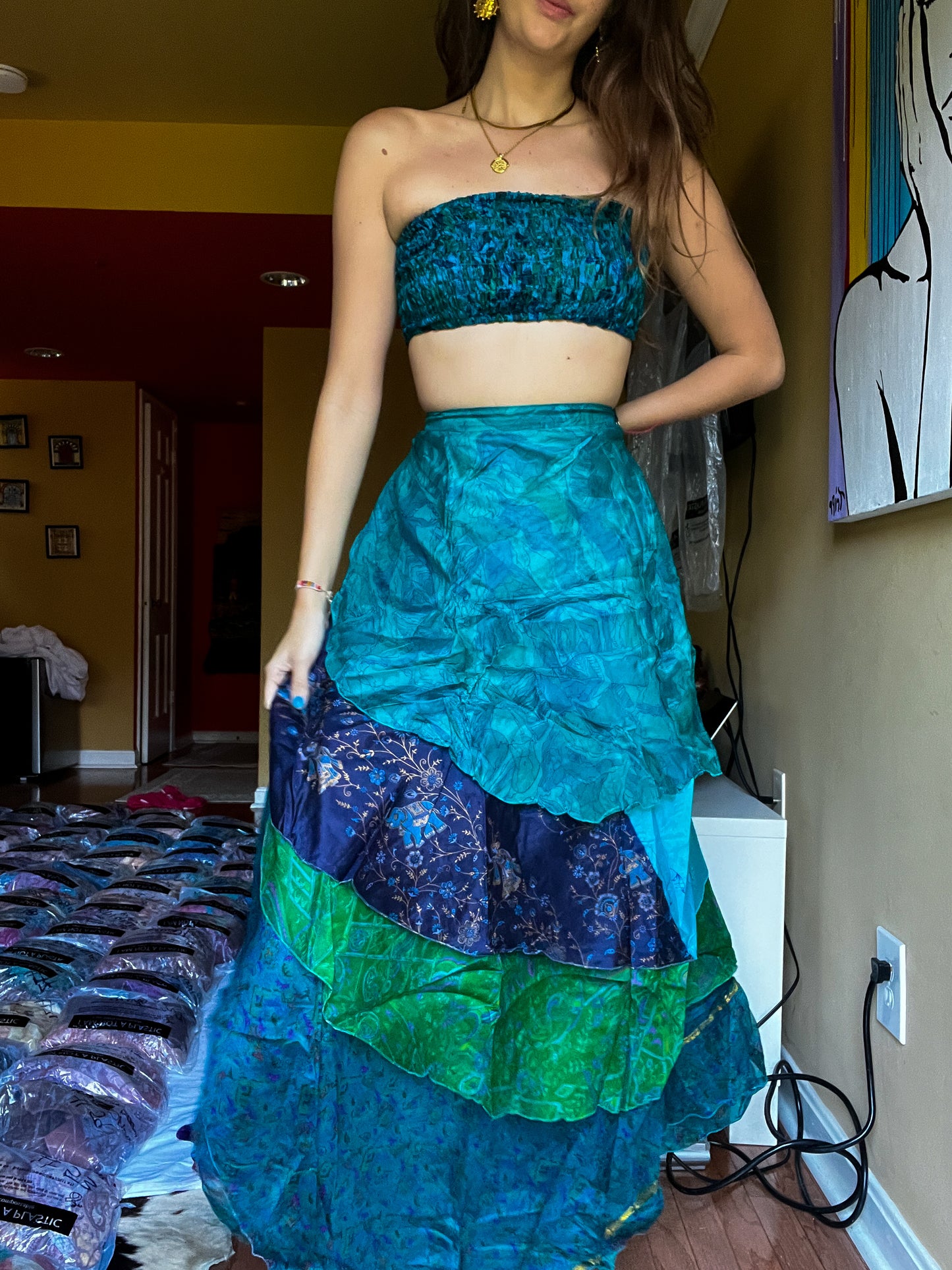sari wrap skirt #135- Green, blue