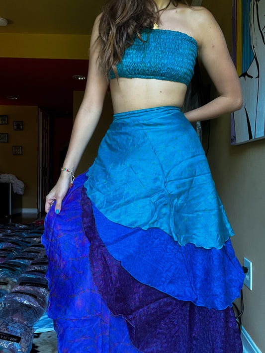 sari wrap skirt #137- aqua, purple