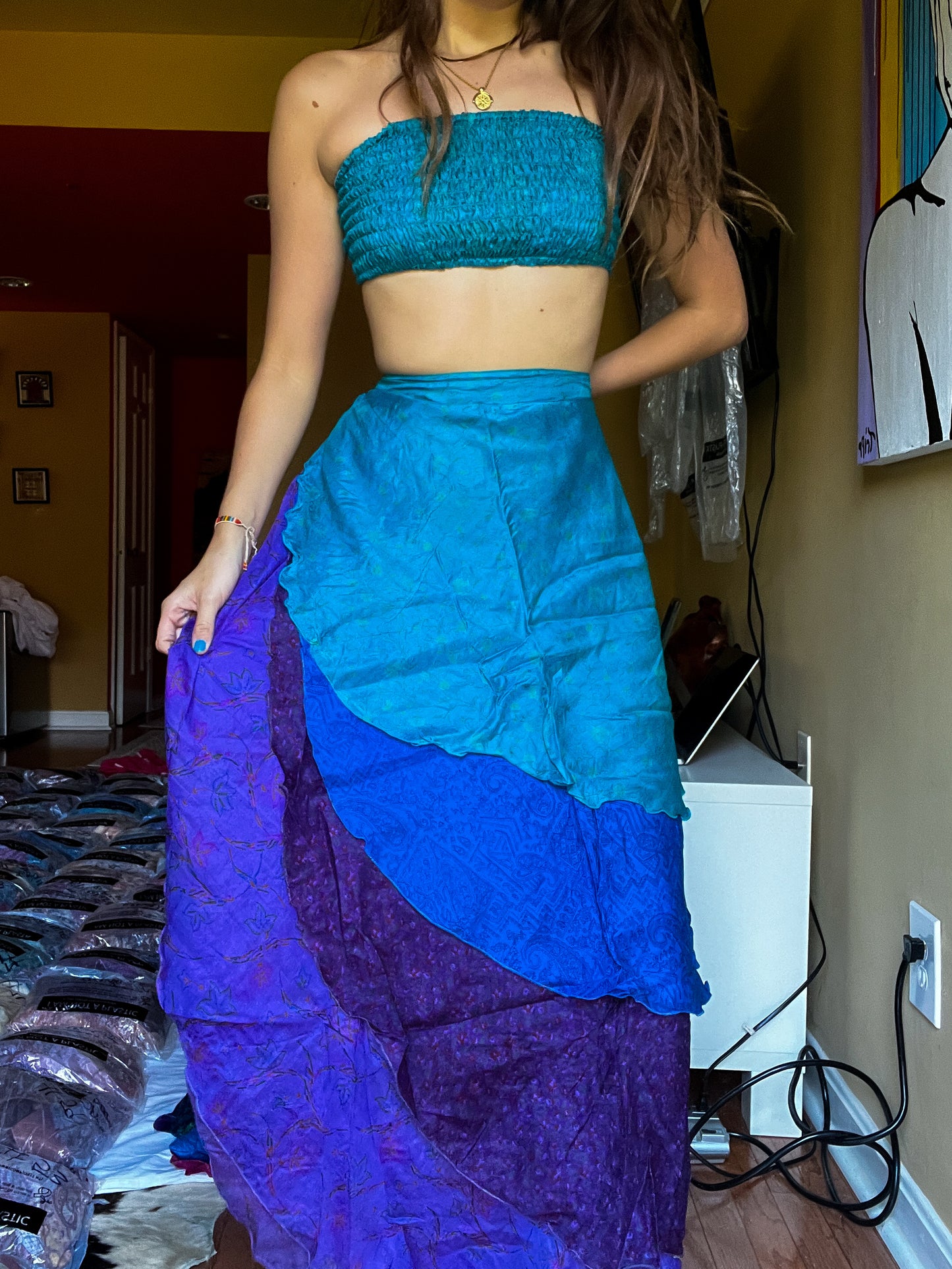 sari wrap skirt #137- aqua, purple