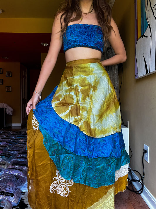 sari wrap skirt #138- bluw, brown