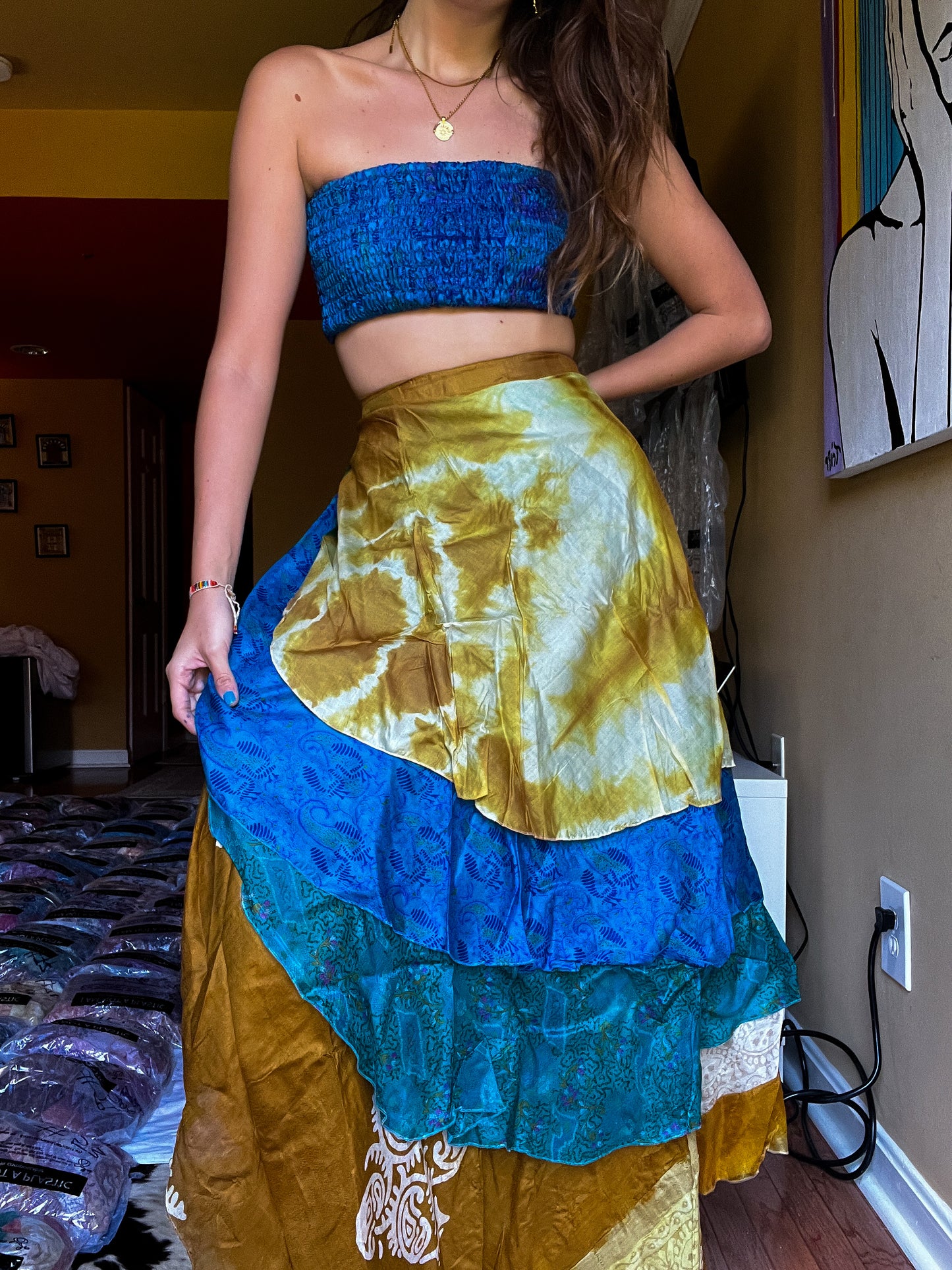 sari wrap skirt #138- bluw, brown