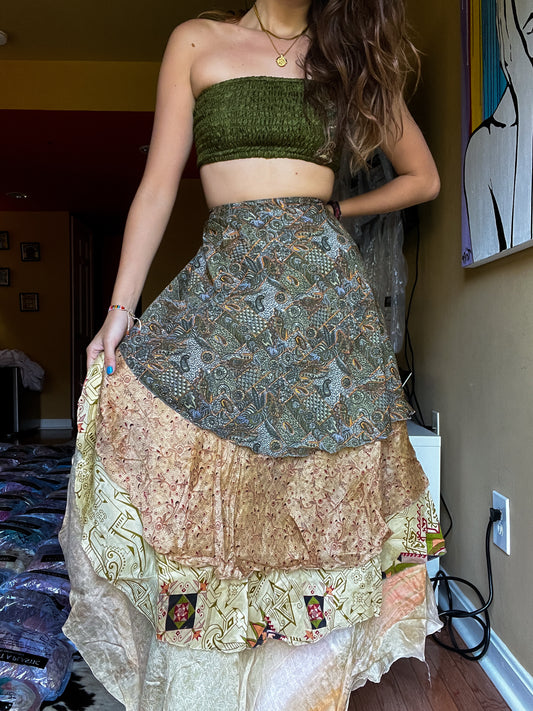 sari wrap skirt #141- green, creme