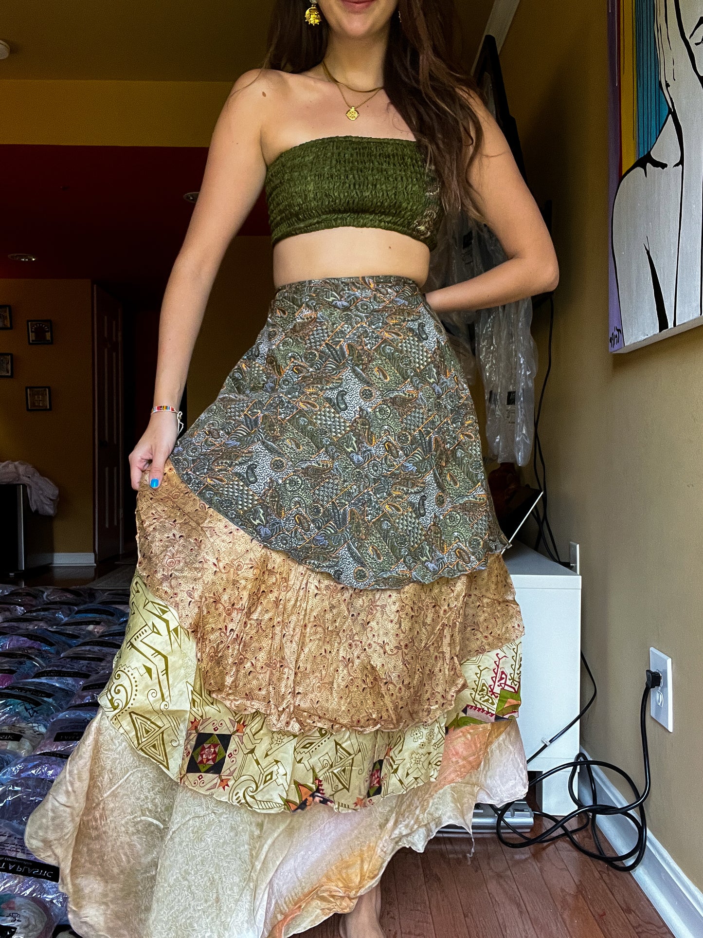 sari wrap skirt #141- green, creme