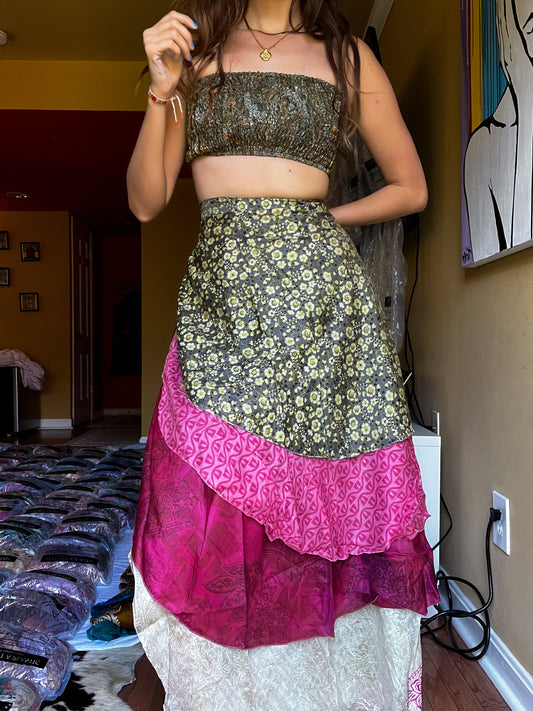 sari wrap skirt #144- Green, red, creme