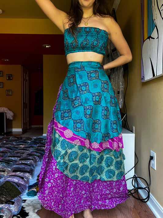 sari wrap skirt #145- Green, fusia