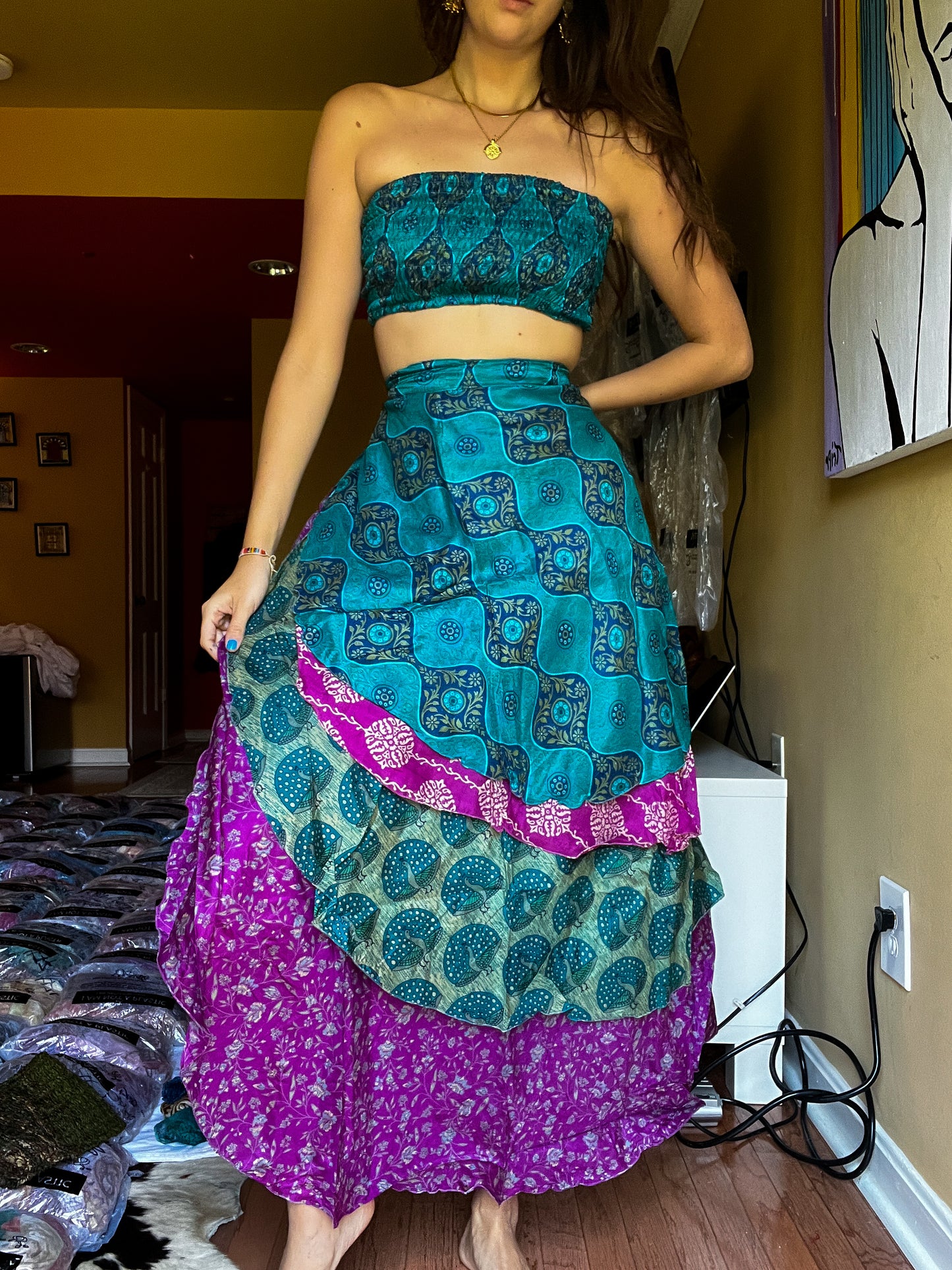 sari wrap skirt #145- Green, fusia