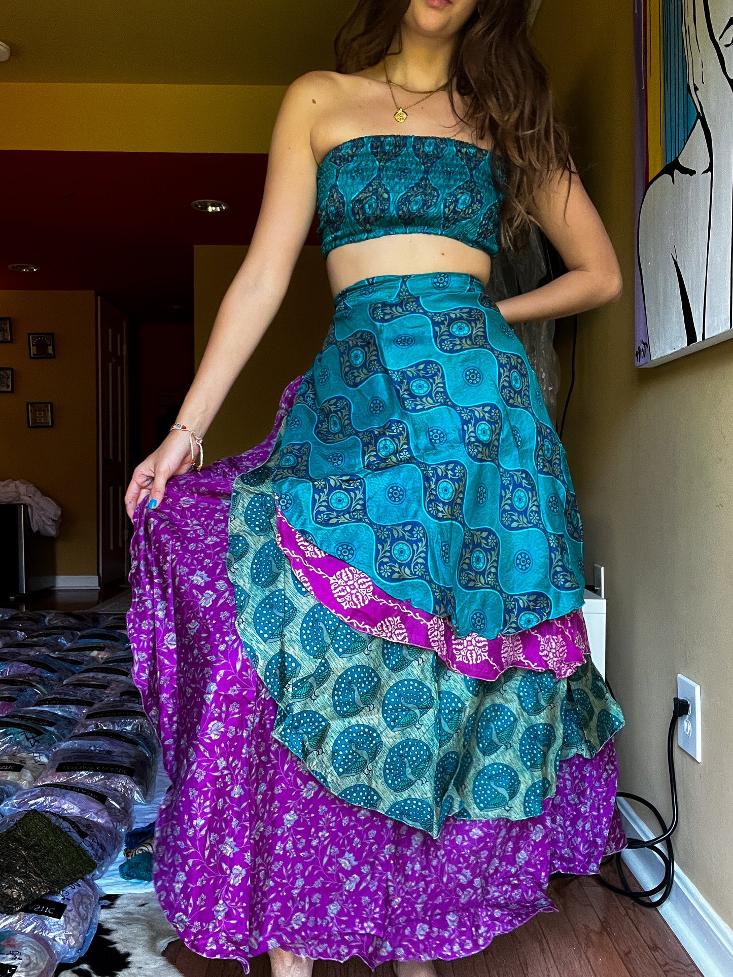 sari wrap skirt #145- Green, fusia