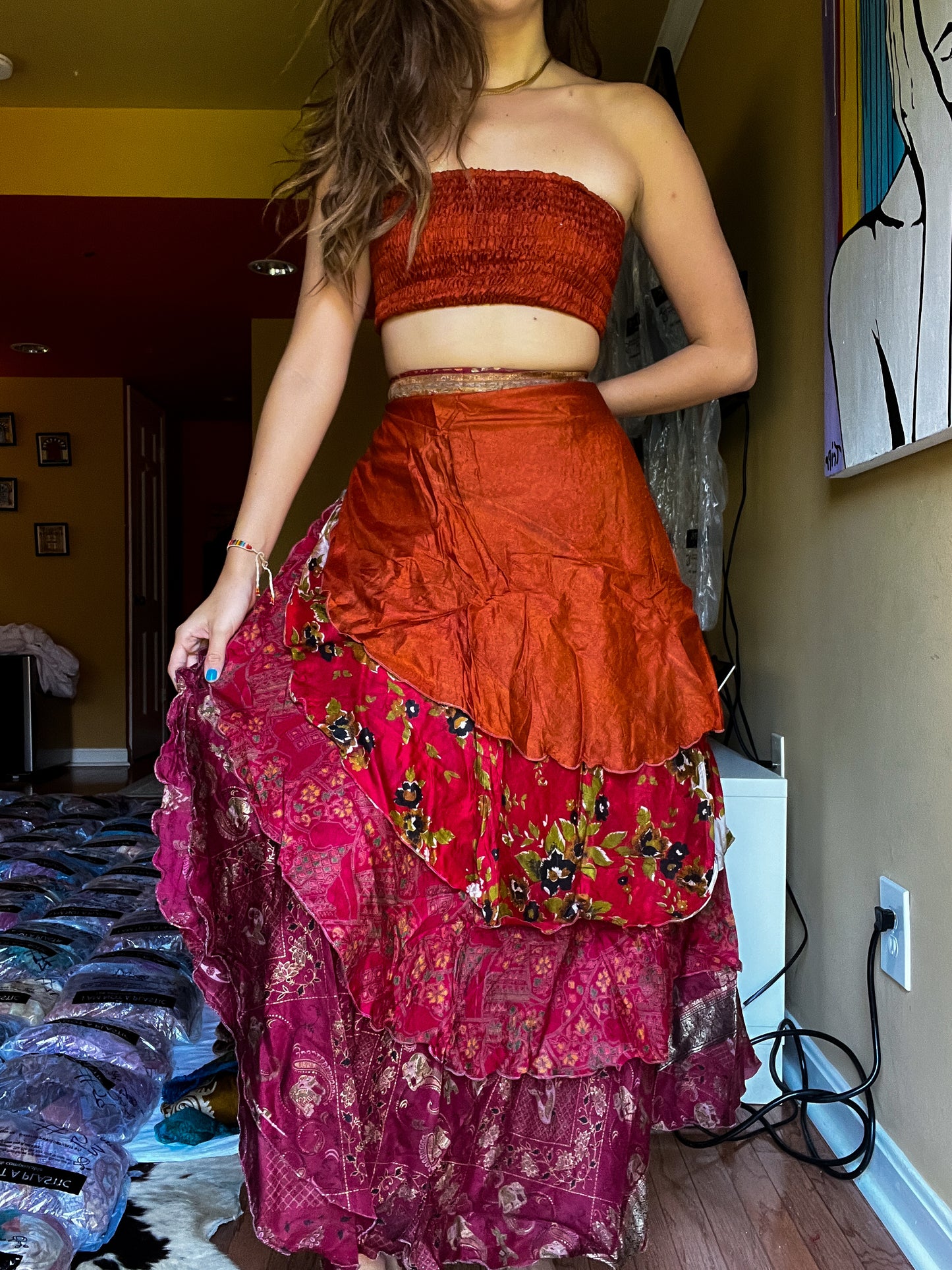 sari wrap skirt #146- Red