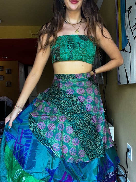 sari wrap skirt #147- Green,blue