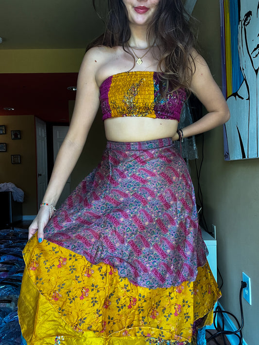 sari wrap skirt #148- Yellow, blue