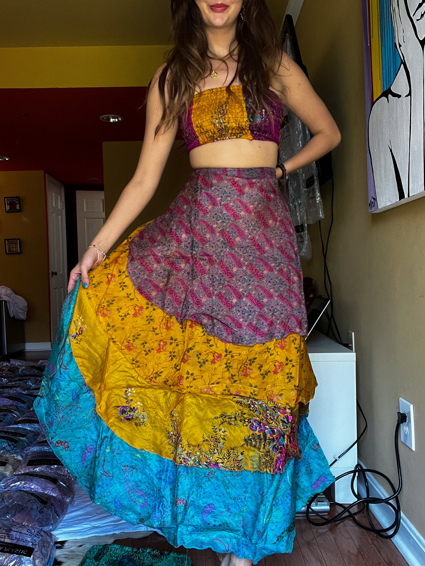 sari wrap skirt #148- Yellow, blue