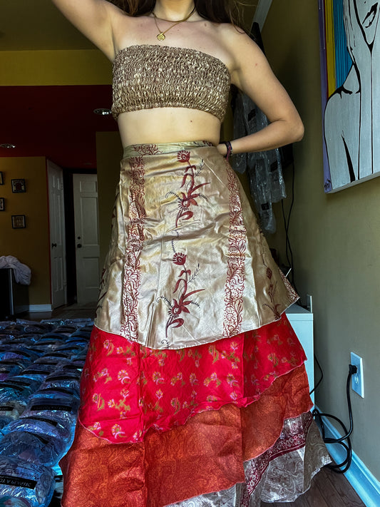 sari wrap skirt #149- Red, Brown