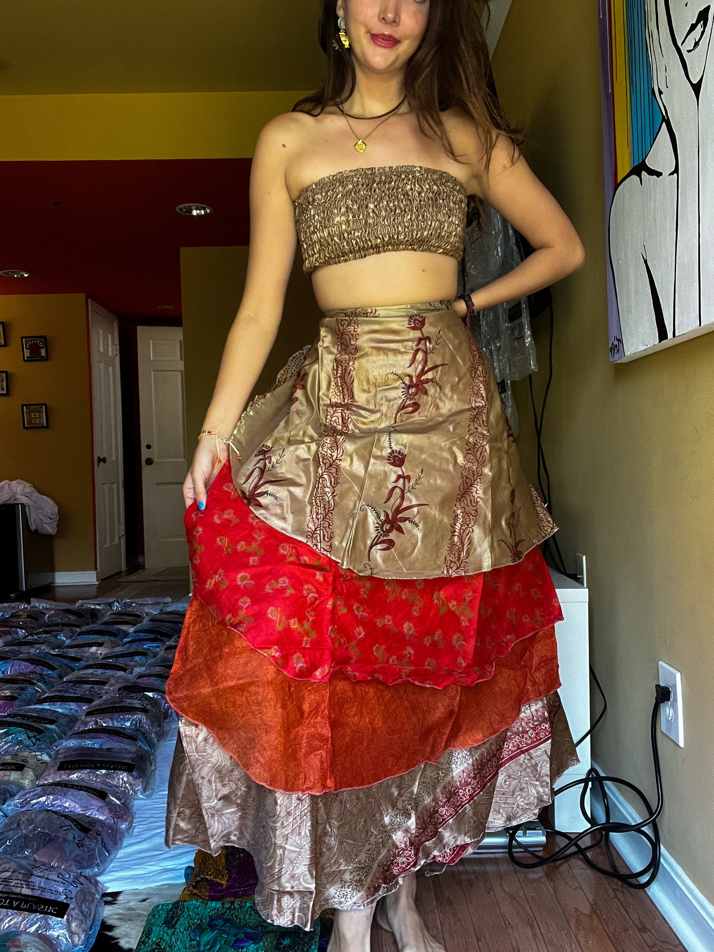 sari wrap skirt #149- Red, Brown