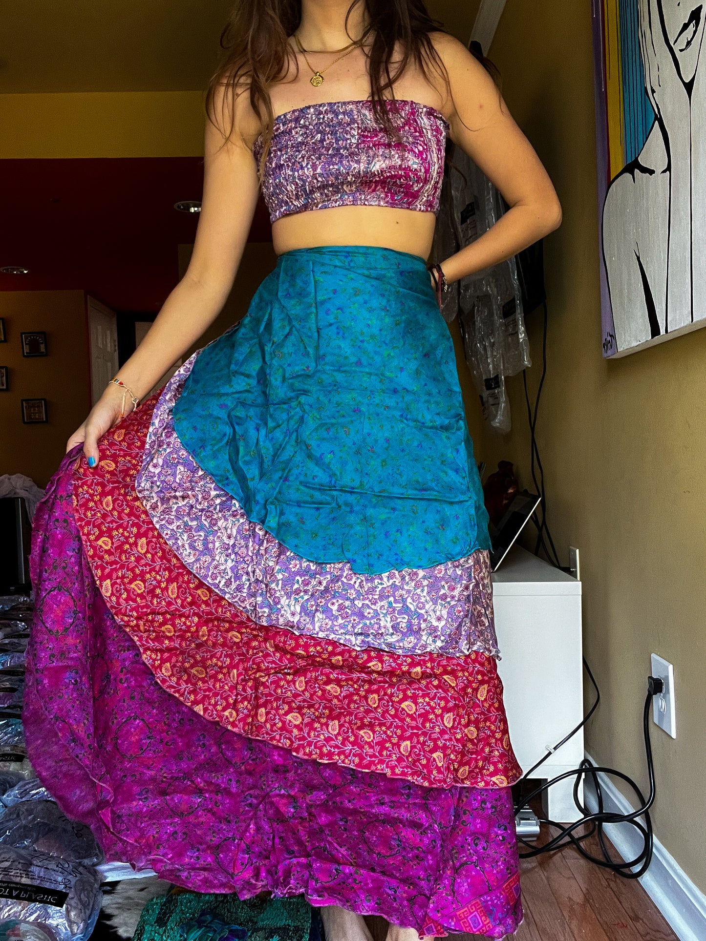 sari wrap skirt #152- Fusia