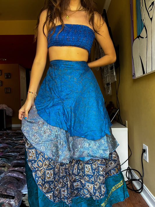 sari wrap skirt #154- Blue