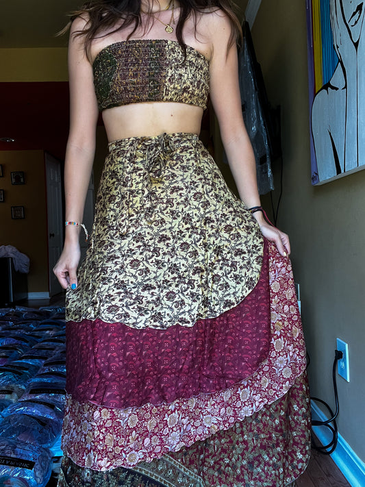 sari wrap skirt #155- Red, Black