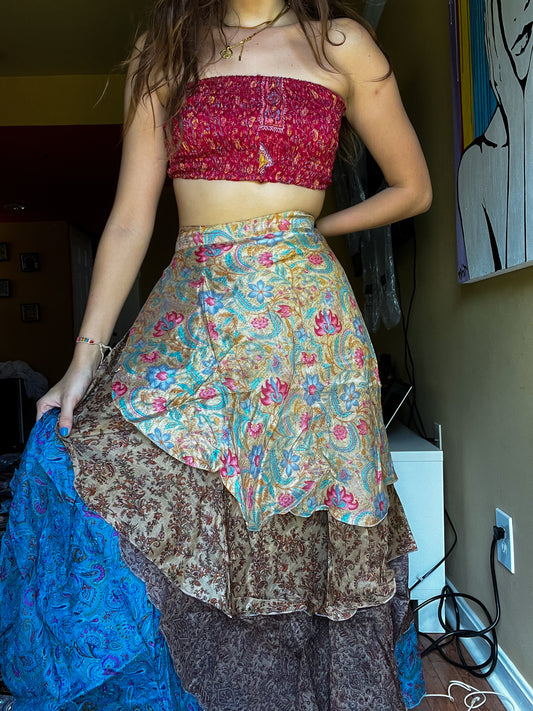 sari wrap skirt #158- Pink, blue