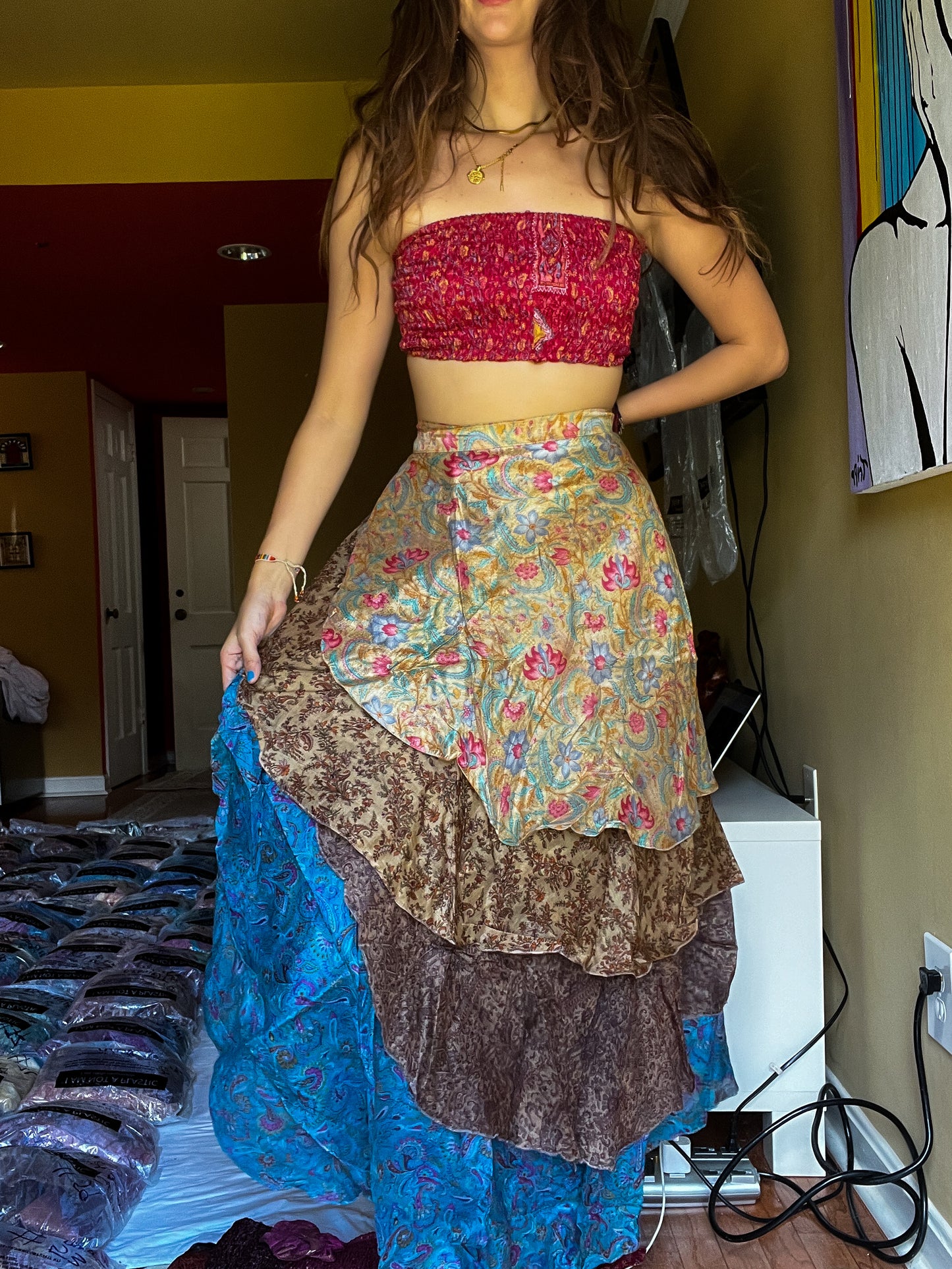 sari wrap skirt #158- Pink, blue