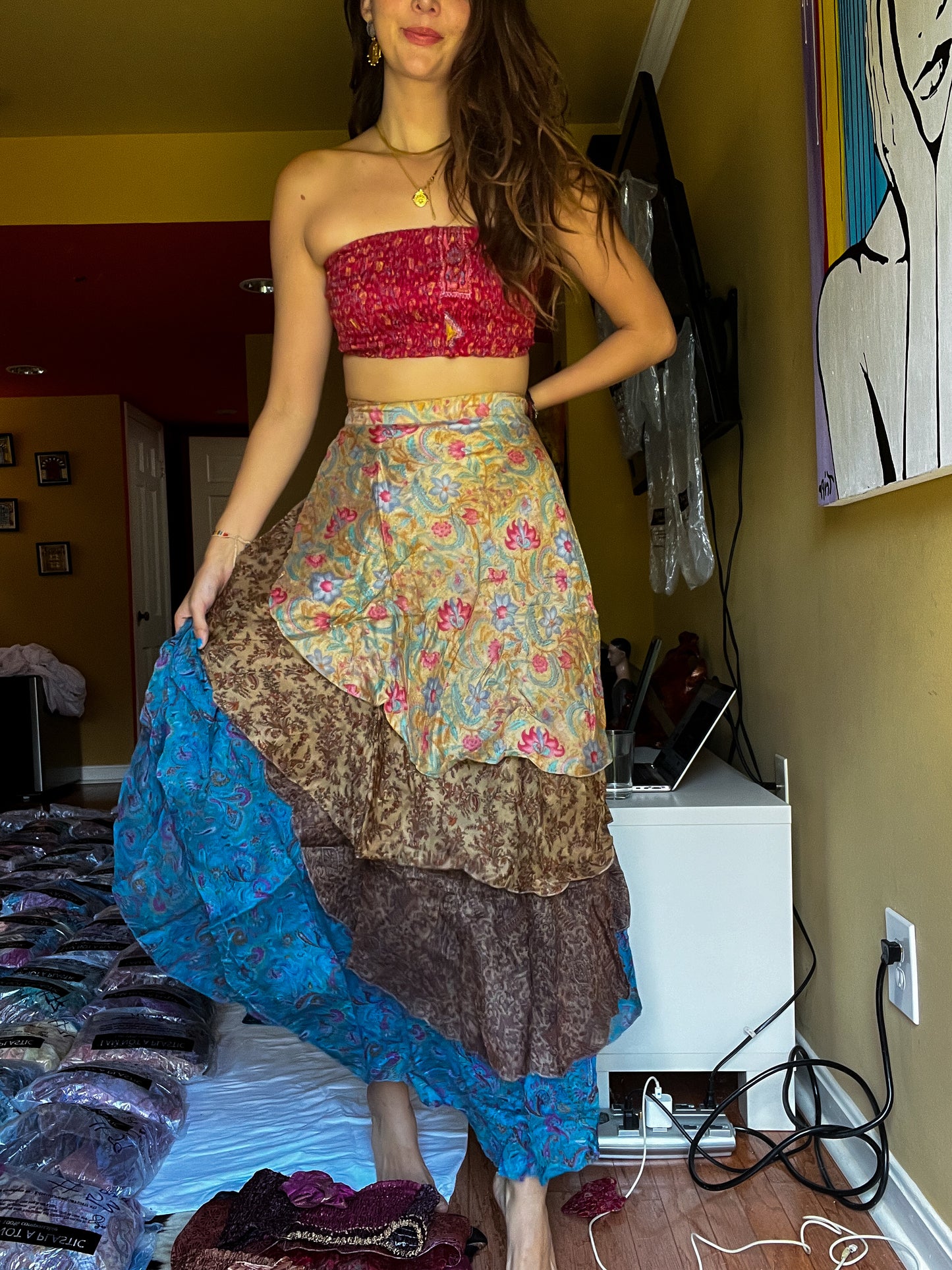 sari wrap skirt #158- Pink, blue