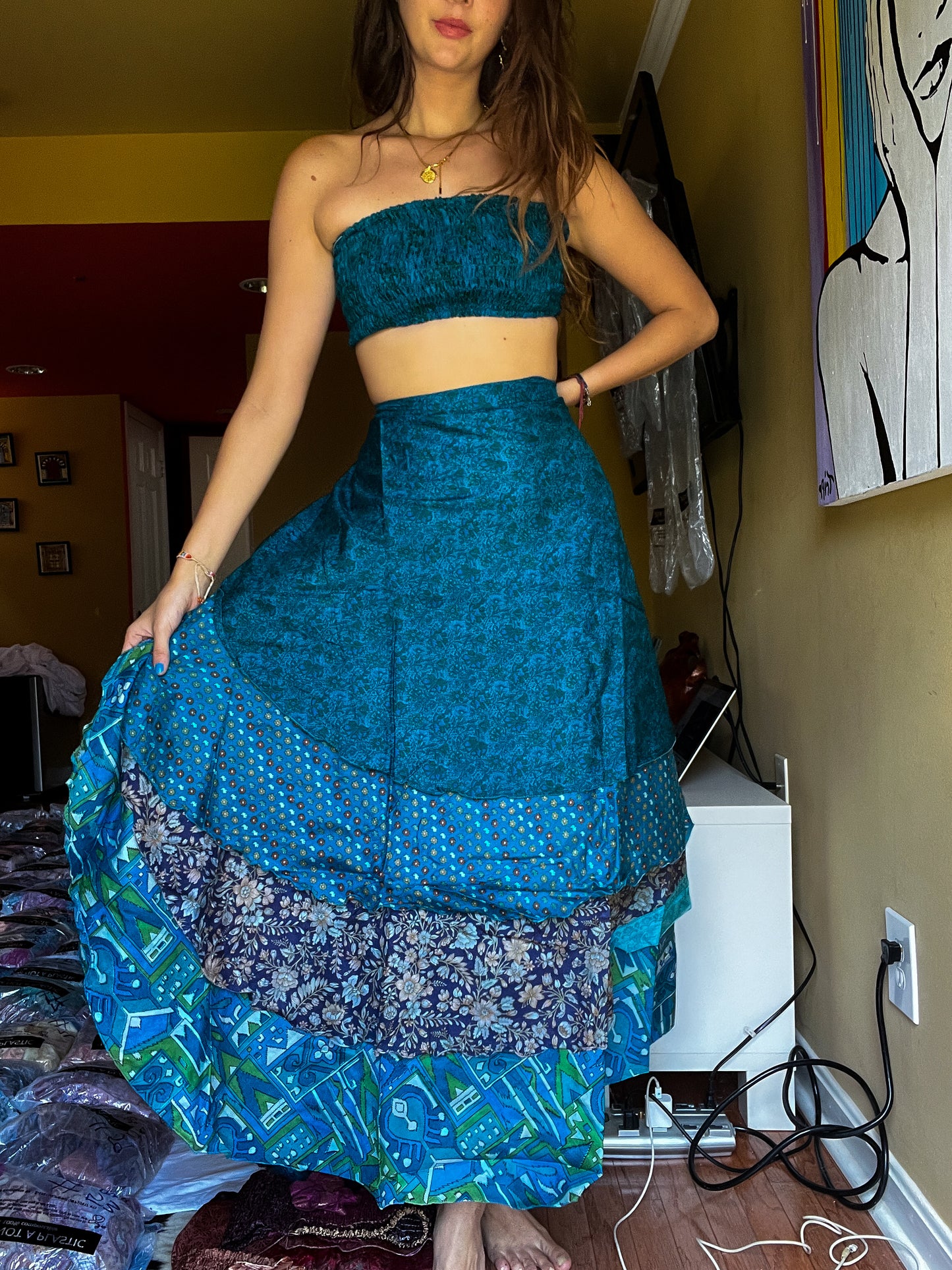sari wrap skirt #159- Blue