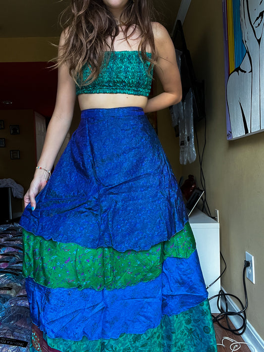 sari wrap skirt #161- Blue, Green