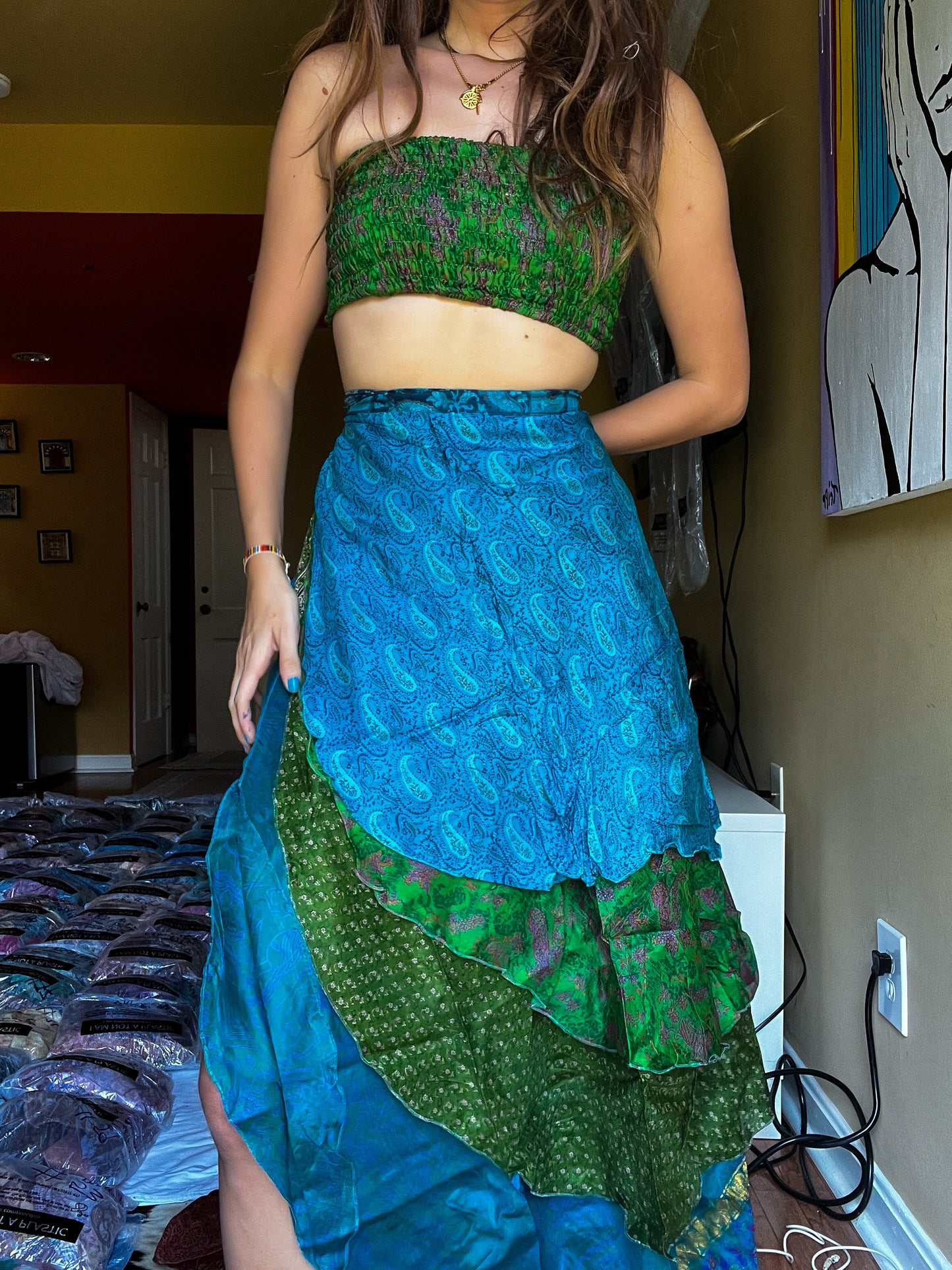 sari wrap skirt #163- Green, Blue