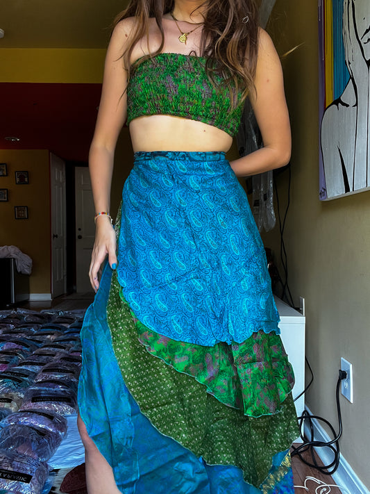 sari wrap skirt #163- Green, Blue
