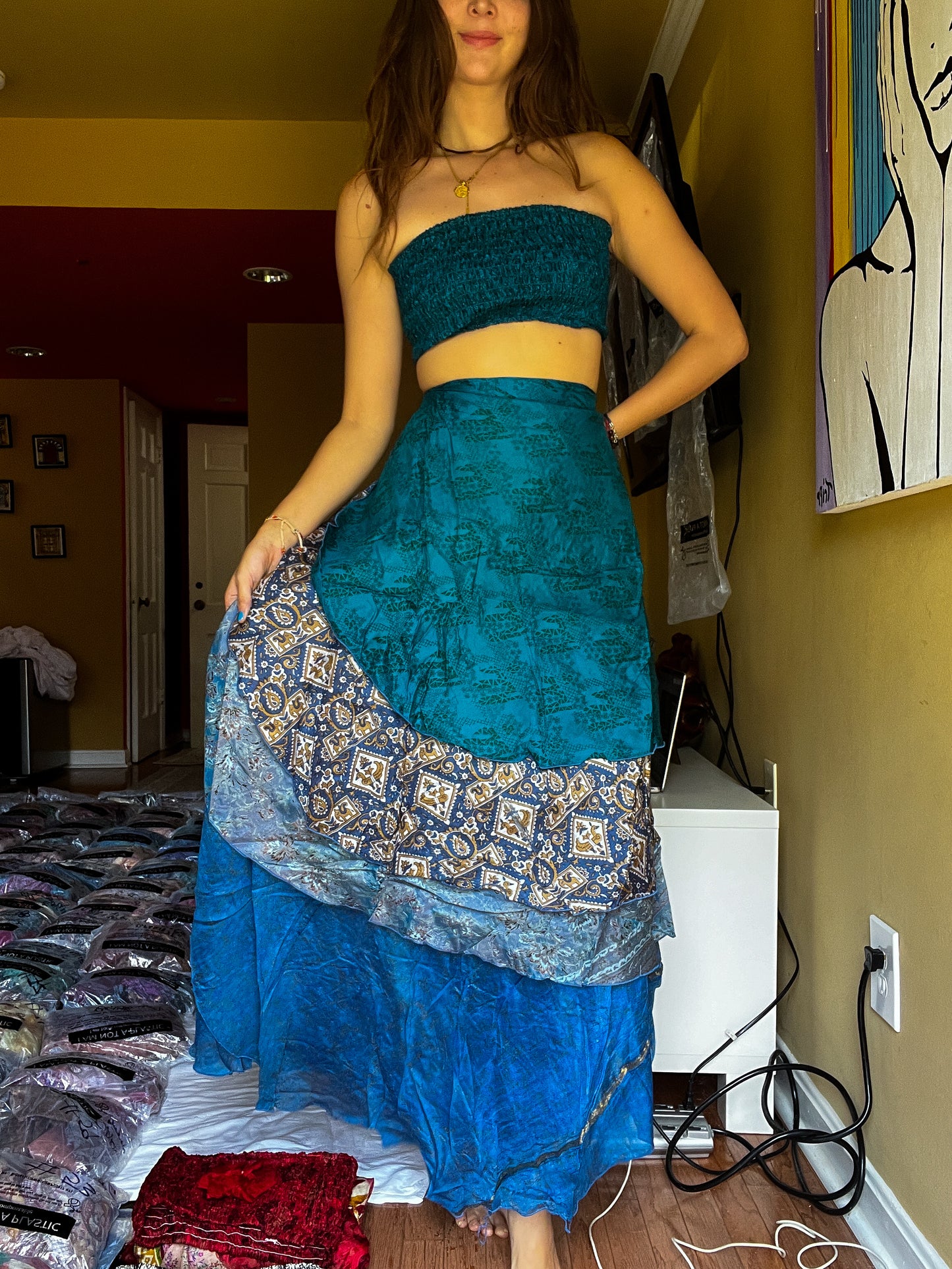 sari wrap skirt #167- Blue
