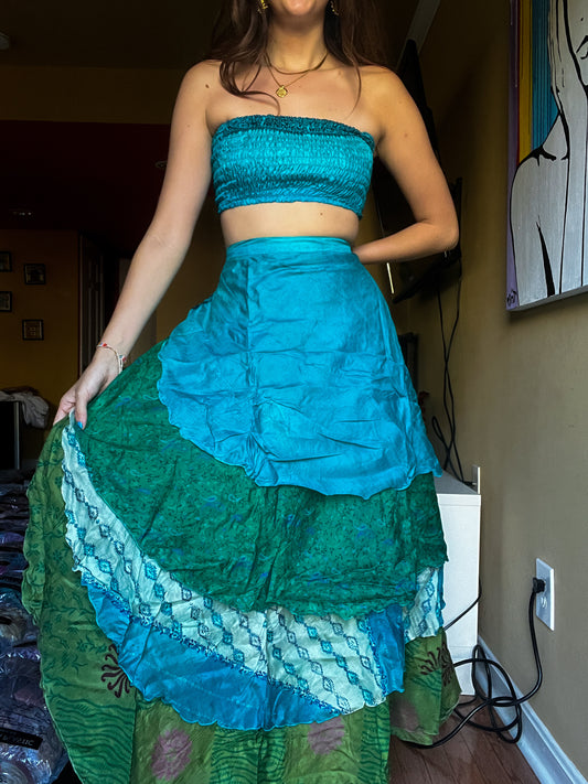sari wrap skirt #174- Blue, Green