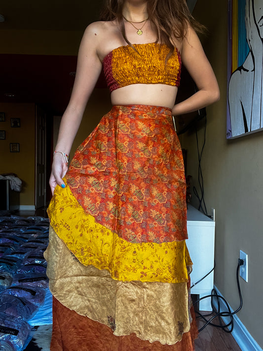 sari wrap skirt #175- Yellow, red