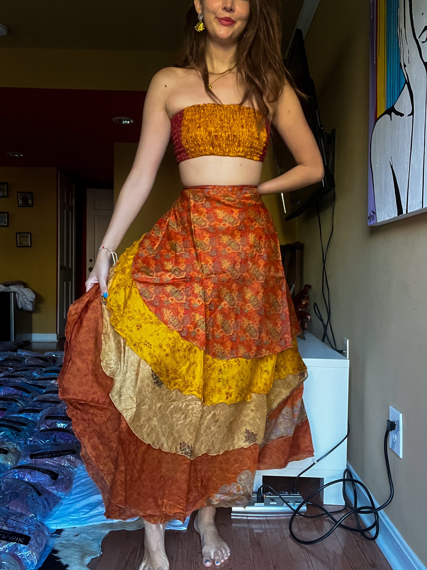 sari wrap skirt #175- Yellow, red