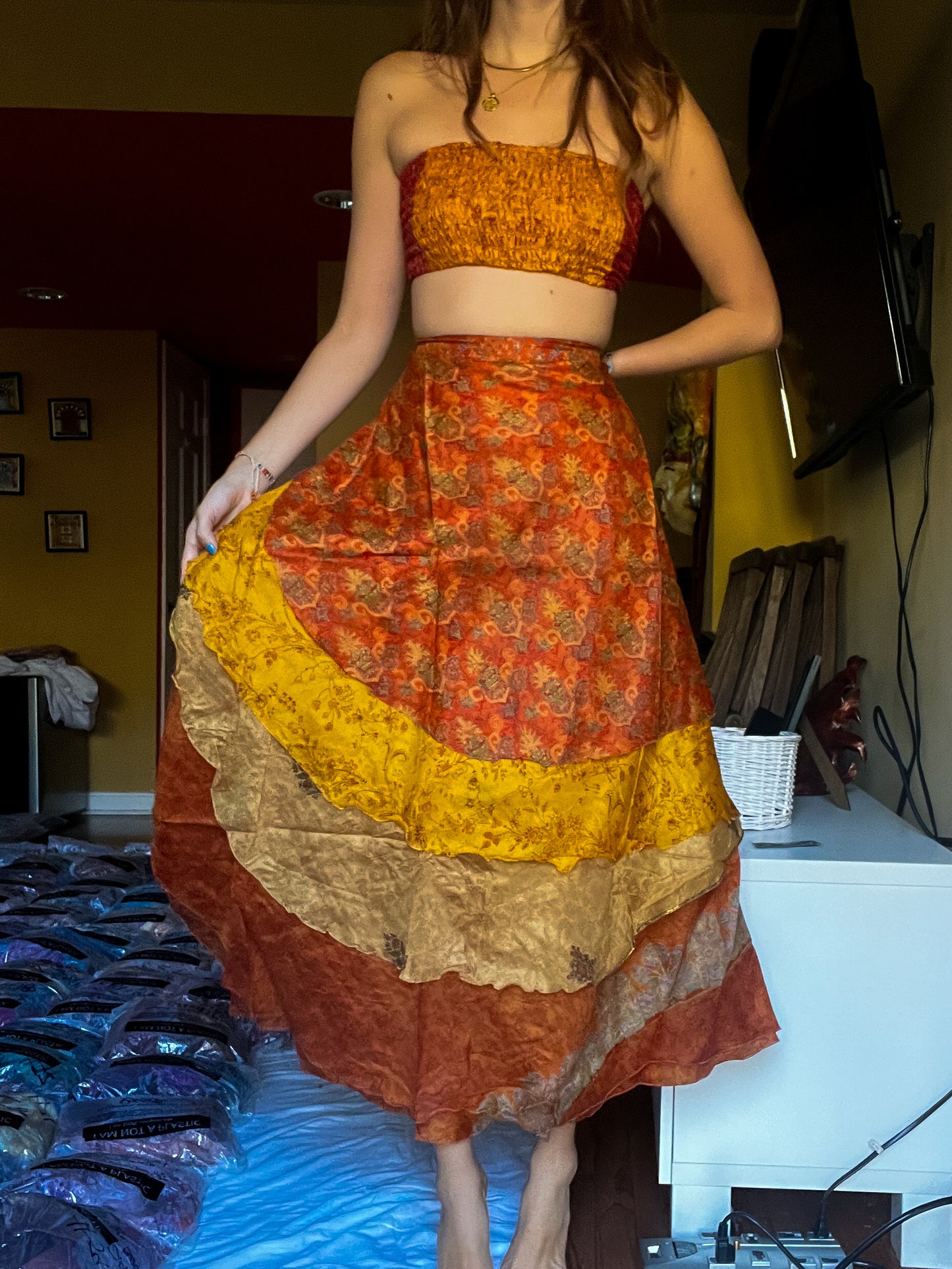 sari wrap skirt #175- Yellow, red