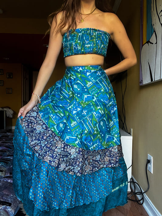 sari wrap skirt #176- Blue, green