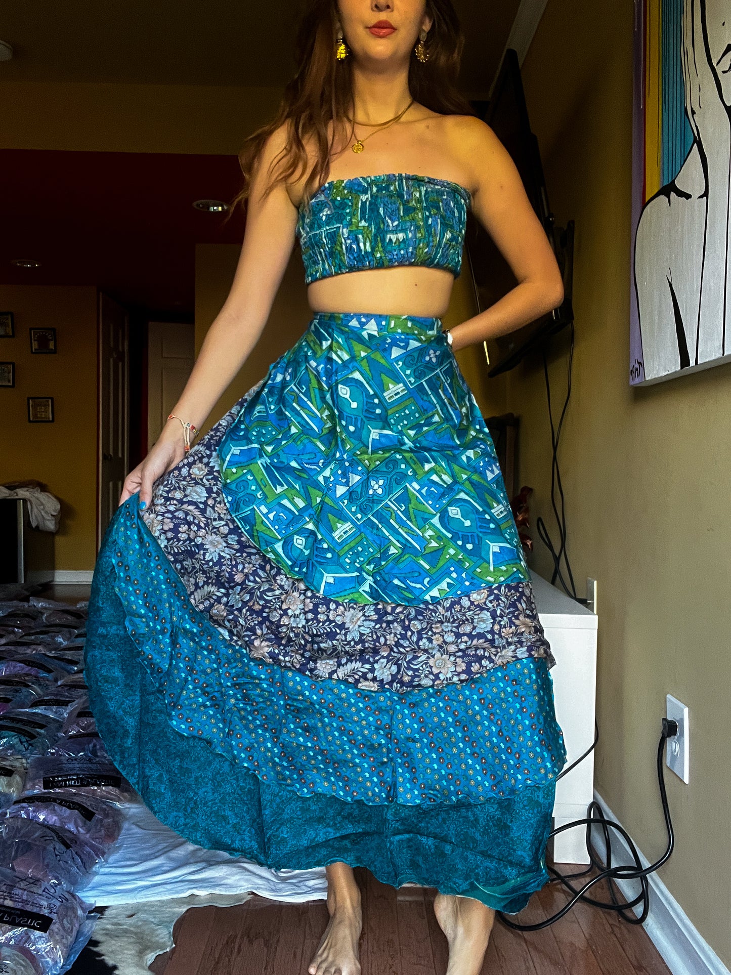 sari wrap skirt #176- Blue, green