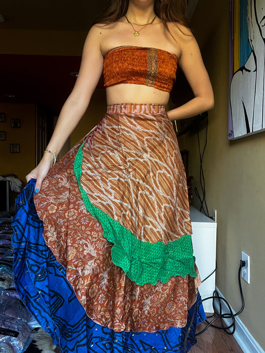 sari wrap skirt #179- Brown, green