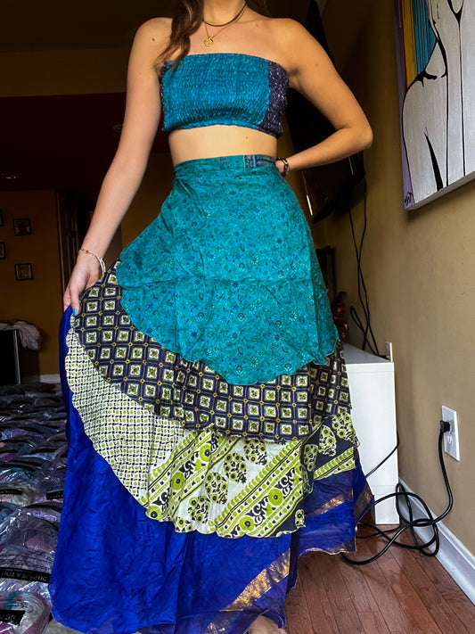 sari wrap skirt #180- Blue