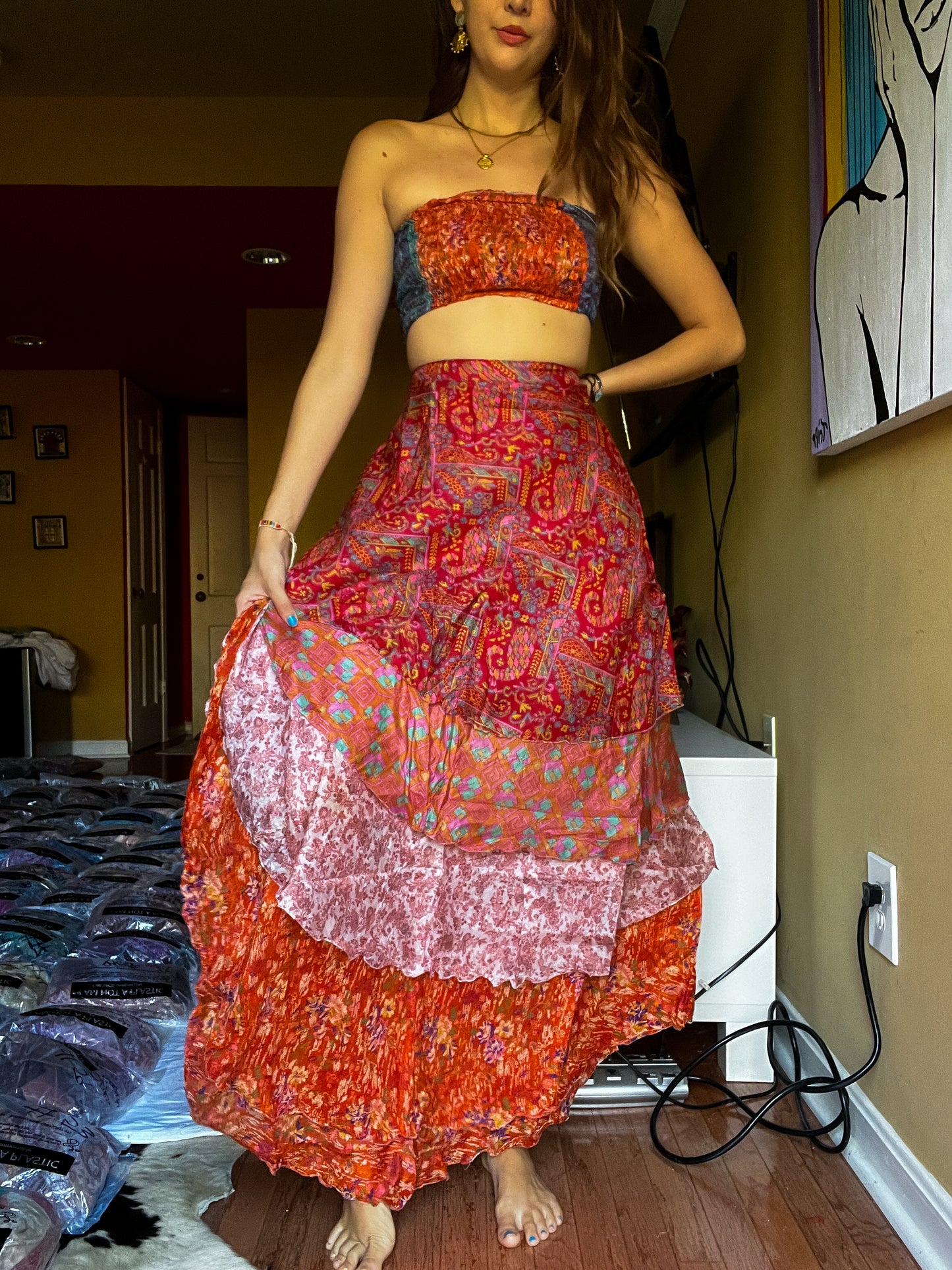 sari wrap skirt #181- Red