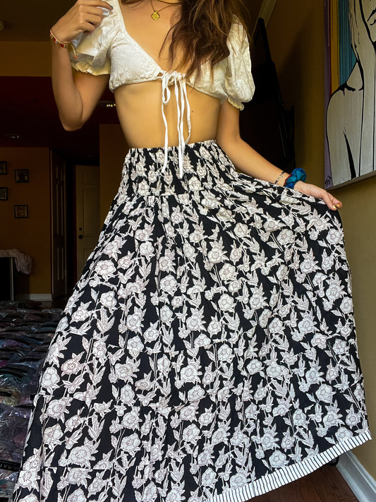 Block printed skirt- Black & white flowers