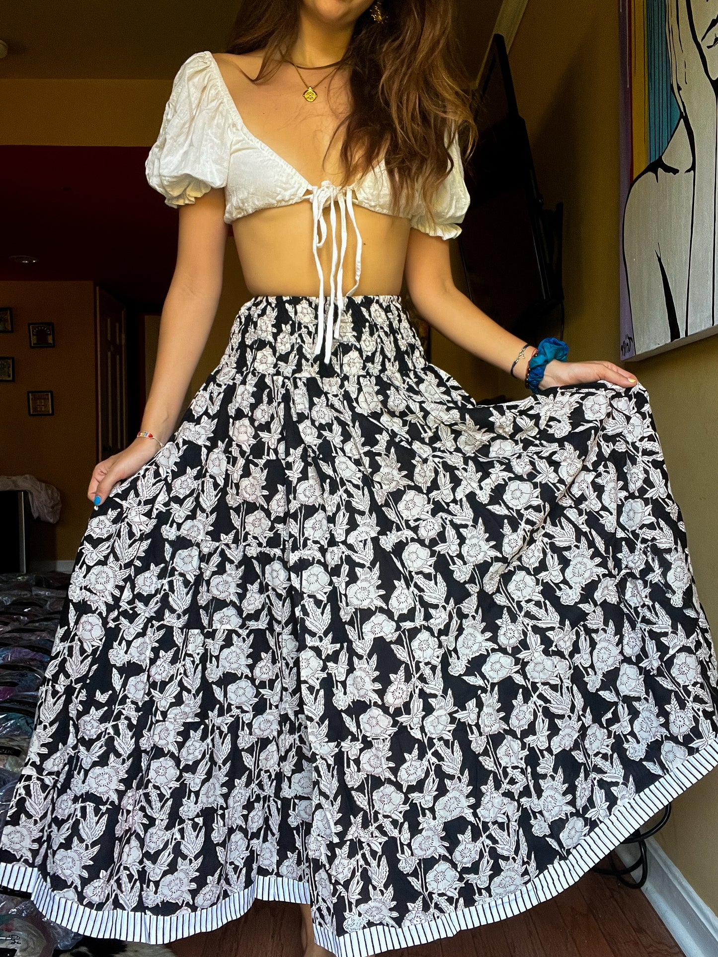 Block printed skirt- Black & white flowers