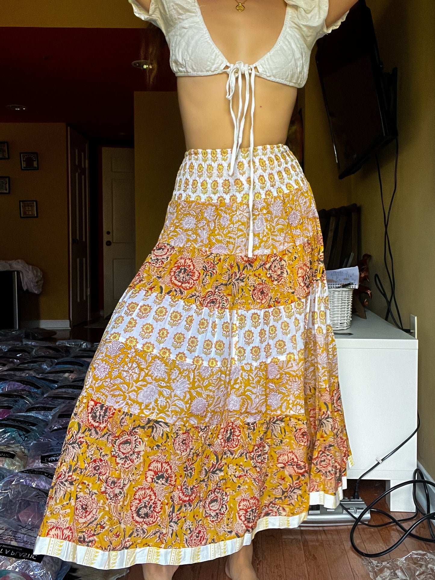 Block printed skirt- Yellow layers