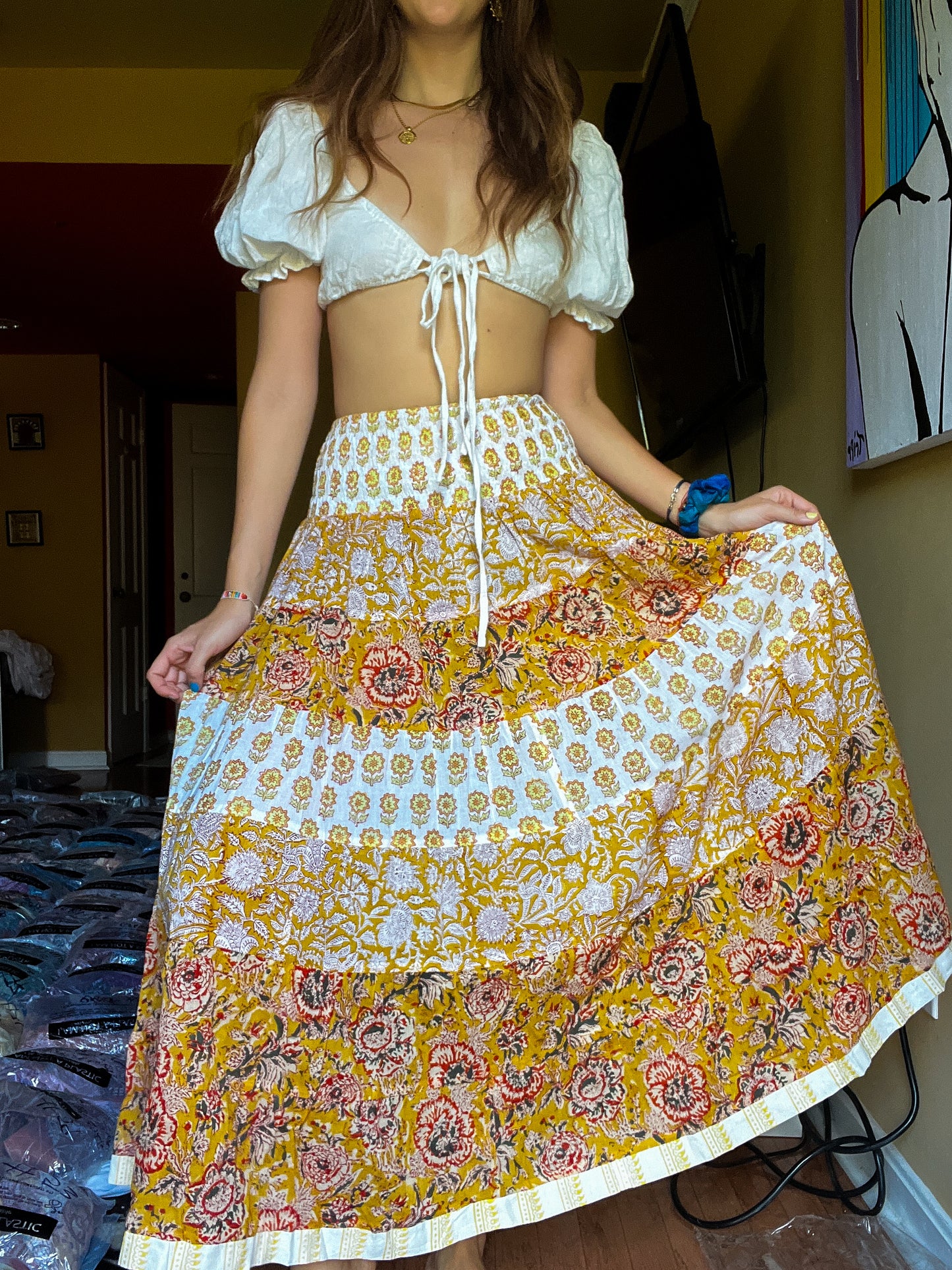 Block printed skirt- Yellow layers