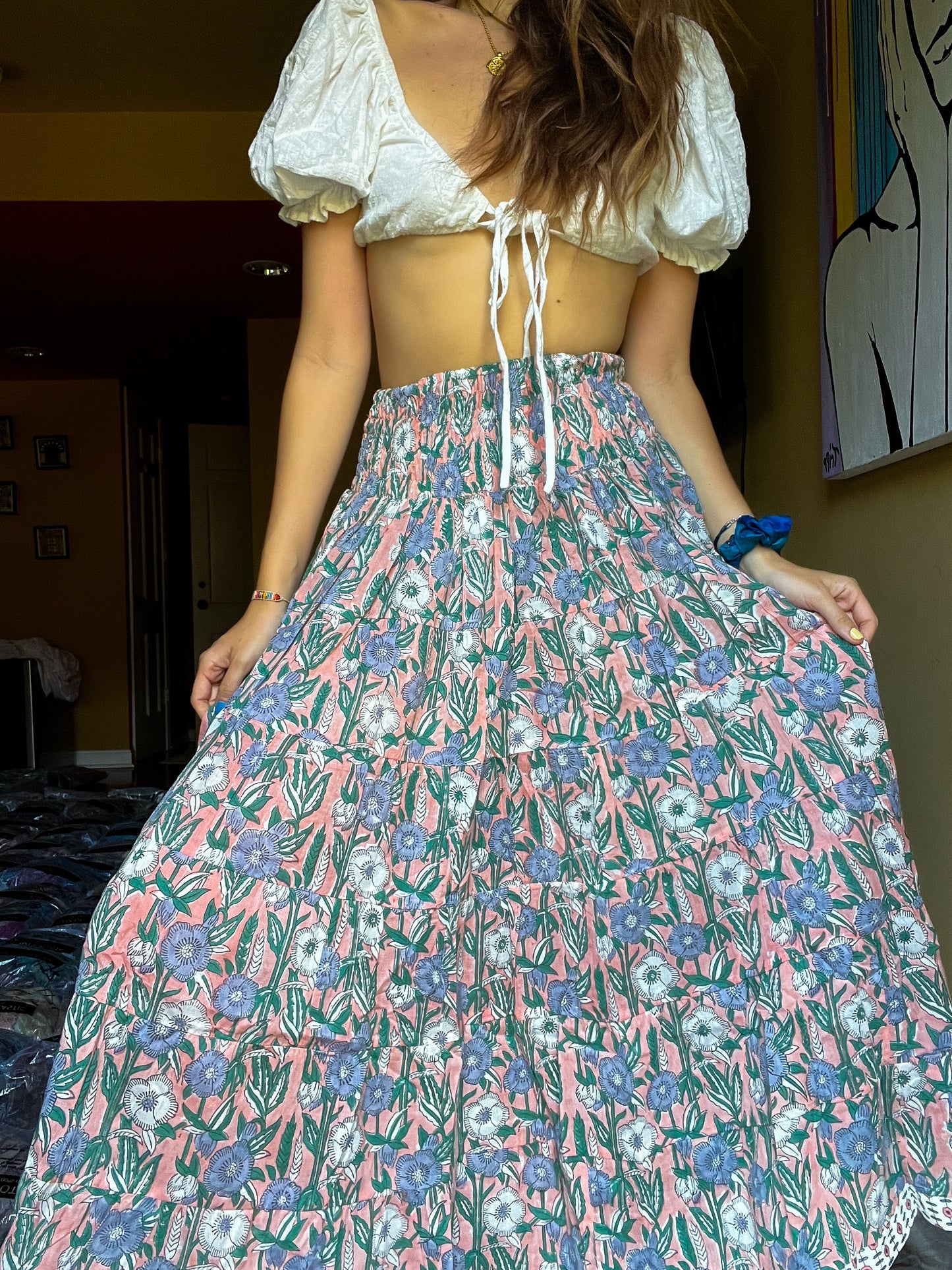 Block printed skirt- pink, light blue skirts