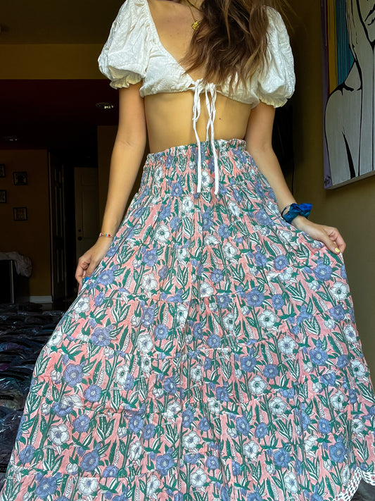 Block printed skirt- pink, light blue skirts