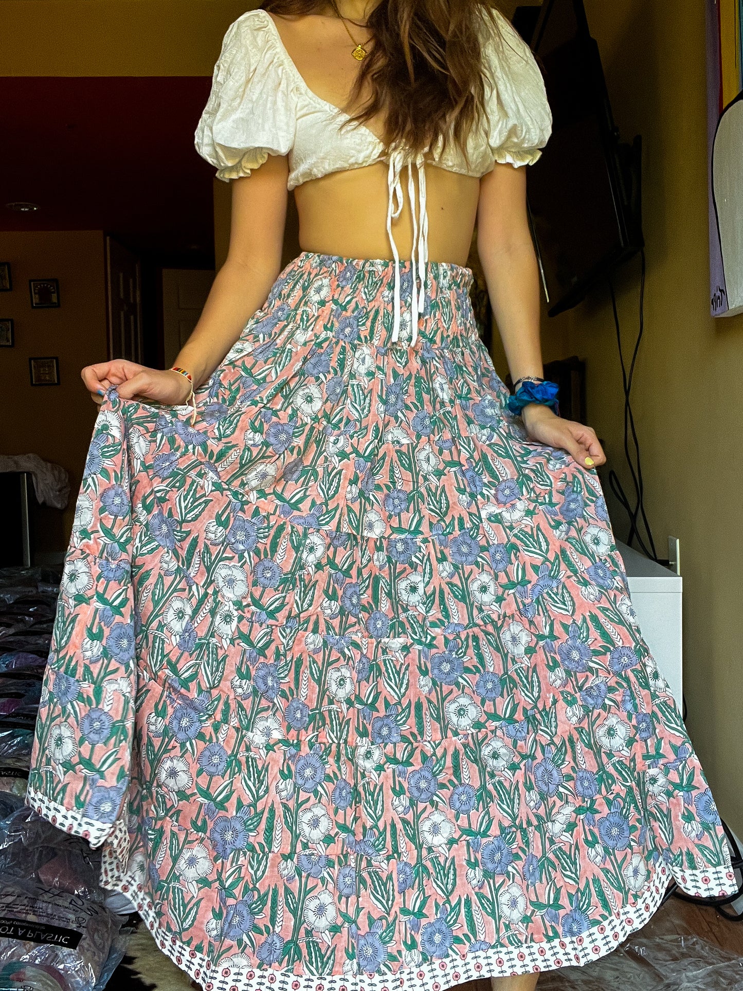 Block printed skirt- pink, light blue skirts